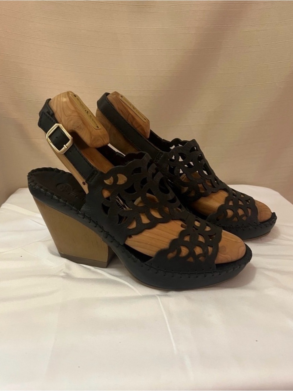 Lobo Solo Leather Cutout Wedge Sandals Black Slingback Women’s US 9 Boho